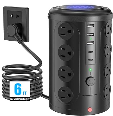 Tower Power Strip Surge Protector with 16 Outlets and 5 USB Ports (2 USB-C), 6FT Extension Cord with Multiple Outlets,Heavy Duty Charging Station,Home Office Dorm Room Essentials. No Wireless Charging