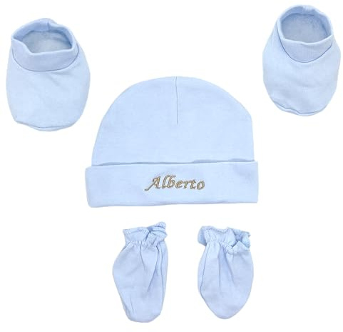 MODIN Gorro de Hospital de algodón para recién Nacido, Gorro, Manoplas antiarañazos y Patucos perdonalizado, para bebés recién Nacidos de 0 a 3 Meses (FR/ES, Edad, 0 Meses, 3 Meses, Azul)