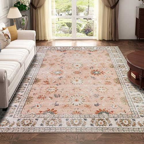 Xfrog Grand Tapis Traditionnel Lavable en Machine à Poils Courts antidérapant pour Salon, Bureau, Cuisine, Salle à Manger - Blush - 200 x 300 cm