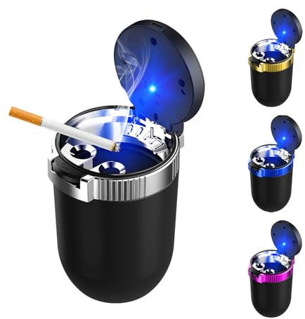 FSTURIOS Car Ashtray with Lid, Detachable Smokeless Auto Cup Holder Ashtray with LED Blue Light, Stainless Steel Ash Tray Portable Mini Vehicle Trash Can for Car Home Outdoor (Silver)