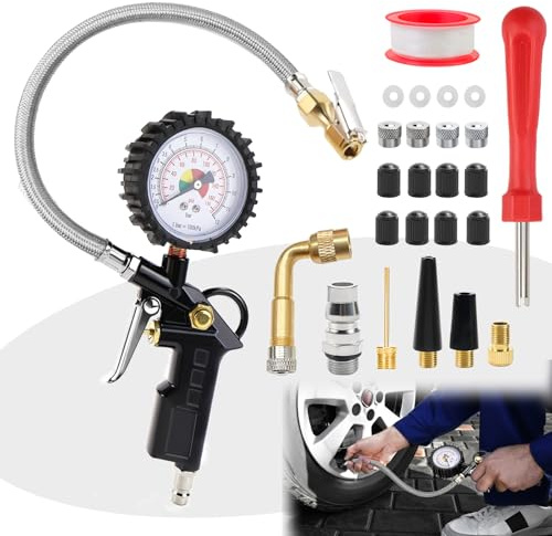 Manometre Pression Pneu, 0-12 Bar Pistolet Gonfleur Pneus Voiture, Pression Pneu Voiture, Pistolet de Gonflage