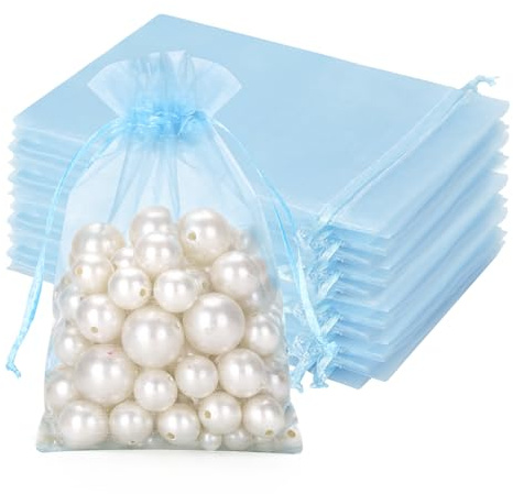 jijAcraft Baby Blue Organza Gift Bags: 10x15cm Organza Pouches, 50Pcs | Drawstring Baby Shower Favours Bags, Party Sweet Pouches for Gift Wrapping, Birthday, Wedding, Jewellery, Christening