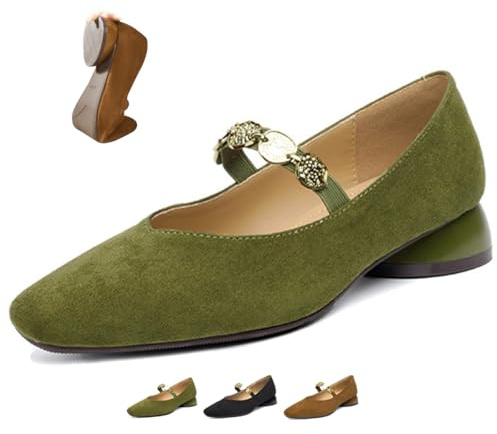 Zapatos Mary Jane para mujer, zapatos de bailarina de ante con punta cuadrada y tacón bajo, cómodos, informales, para la oficina, Green, 0 UK