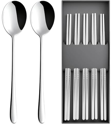 5 paia di bacchette cinesi con 2 cucchiai in acciaio inox, bacchette per sushi giapponesi, set regalo, in metallo coreano per mangiare chopsticks, bacchette riutilizzabili in acciaio inox 304, per