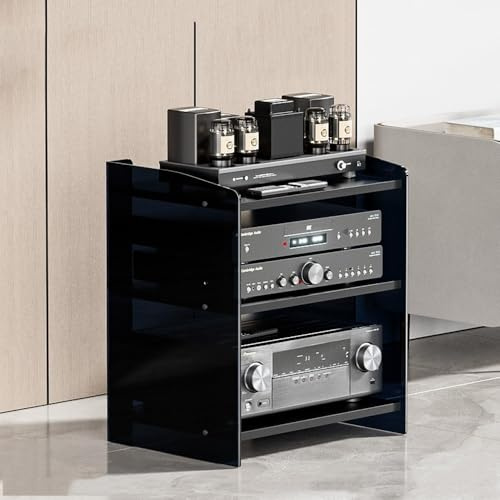 Estante de audio acrílico ajustable de 3 niveles para el hogar, estantes de almacenamiento de medios de alta fidelidad, componente estéreo de madera negra transparente para equipos de audio/video