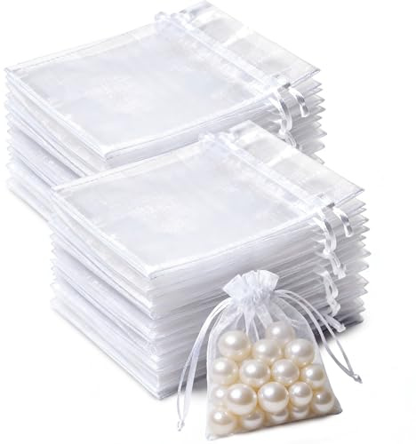 100 PCS White Organza Gift Bags, 7 x9 cm Clear Mesh Pouches, Jewellery Bags, Candy Mesh Pouches for Wedding Favours, Christmas, Birthday, Anniversary, Party Supplies