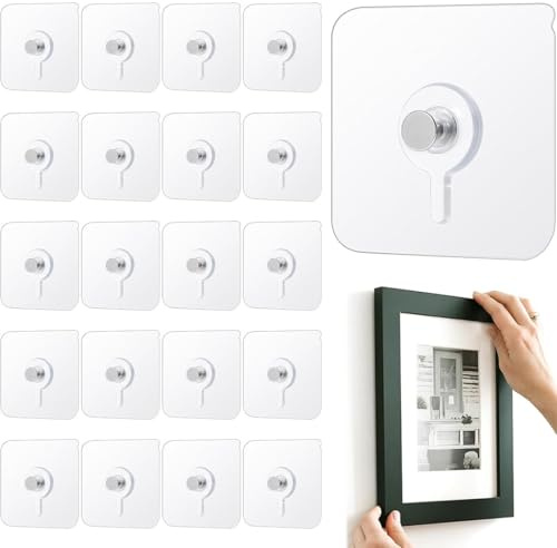 Chiodi adesivi per quadri muro, ganci adesivi per quadri, appendi quadri senza chiodi, ganci per quadri, 20 Pezzi ganci a vite autoadesivi per cornici e orologi, Senza fori, Misura 6x6cm
