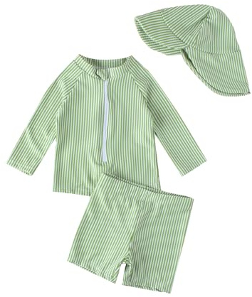 JiAmy Baby Boys Swimming Costume with Sun Hat 3PCS Long Sleeve Zip Up Rash Guard Shirt Swim Truck Infant Toddler Baby Swimsuit Green 3-4 Years