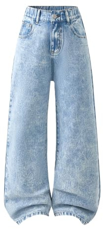 Jean baggy pour adolescentes et filles - Jambe large - Pantalon en jean mignon taille haute tendance vintage Y2K Hip Hop Streetwear taille élastique jambe droite, bleu clair, 13-14 ans