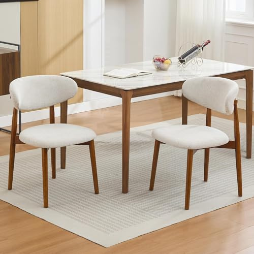 Garvee Set of 2 Mid Century Modern Wooden Dining Chairs - Upholstered Beige Linen Seat - Sturdy Farmhouse Coffee-Colored Wood Legs - Comfortable Side Chairs for Kitchen, Dining Room or Bedroom - Beige