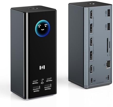 Selore Station d'accueil pour ordinateur portable 3 moniteurs, triple écran 4K 3 HDMI 2 DP, écran intelligent avec météo, 100 W PD, 10 Gbit/s USB A/C, Gigabit Ethernet, lecteur SD/microSD pour Dell/HP