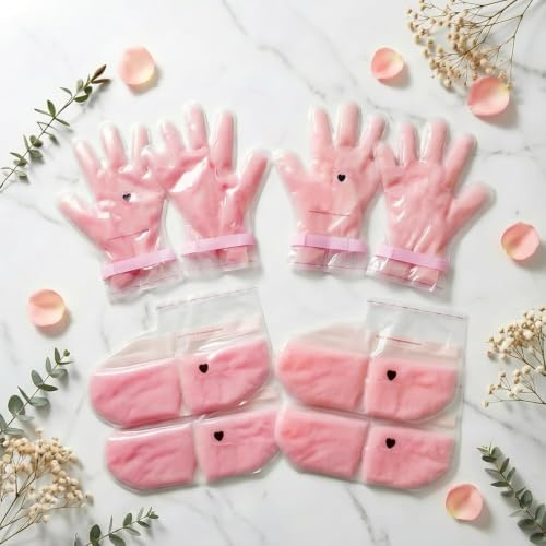 Guantes de Tratamiento de Cera de Parafina para Manos y Pies, 4 Pares Guantes de Cera Rosados, Máscara de Cera Curativa Suavizante para Piel Seca y Agrietada | Cuidado Intensivo de Manicura y Pedicura