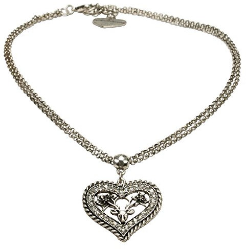 Alpenflüstern Trachtenkette Strassherz-Hirsch - Damen-Trachtenschmuck mit Strass-Trachtenherz und Hirsch-Kopf mit Geweih, Dirndlkette antik-Silber-Farben DHK167