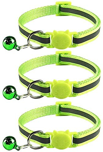 Tafeiya Lot de 3 colliers réfléchissants réglables pour chat avec boucle de sécurité à dégagement rapide avec clochette (vert fluo)