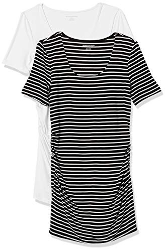 Amazon Essentials Camiseta de Cuello Redondo Fruncido de Manga Corta de Maternidad Mujer, Pack de 2, Blanco/Negro Rayas, XL