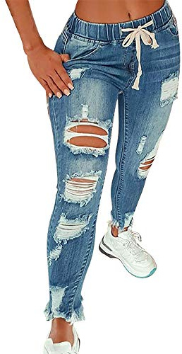 KUNMI Pantalones Vaqueros Rasgados de Cintura Alta para Mujer, ceñidos, elásticos, Talla Grande, Azul, 5X-Large