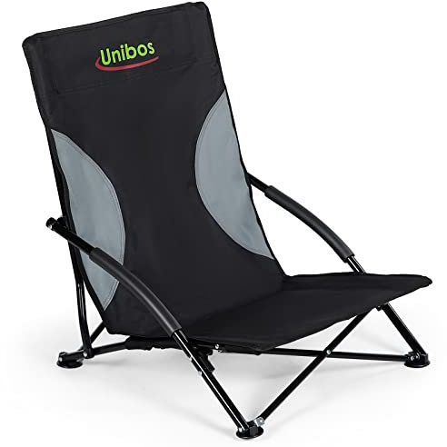 Unibos Folding Beach Chair with Padded Armrest, Outdoor Low Beach Chair Lightweight, Portable, Folding Outdoor Seat For Camping Beach Festivals Garden Caravan Trips Fishing BBQ With Carry Bag
