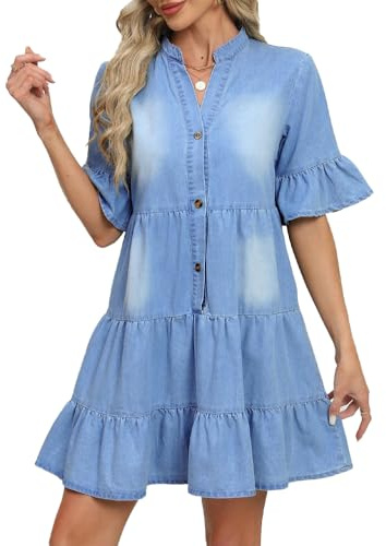 CYLADY Vestido de mezclilla de manga corta para mujer, casual, cuello en V, dobladillo con volantes, vestido suelto, Azul (Medium Blue), S