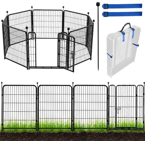 ADAVIN Tall Garden Fence with Gate, 48 in(H) 8 Panels Heavy Duty Iron Metal Animal Barrier Fence, Indoor Dog Playpen, Temporary Fencing, Dog Fence Outdoor for Yard, Total17.7 Ft(L), Black