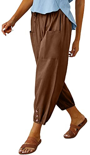 WROLEM Women's Comfy Drawstring Yoga Capri Pants Loose Workout Sweatpants Wide Leg Lounge Pants with Pockets Brown Medium