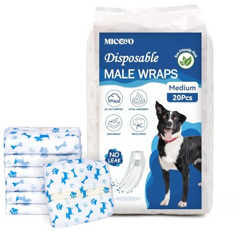 MICOOYO Engångs hundblöjor man, superabsorberande manlig hundsjal, vovve blöjor med våtindikator (M, 50-pack)