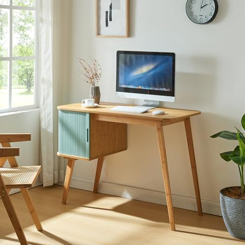 [en.casa] Bureau Rectangulaire avec Armoire Porte Coulissante Table d'Étude avec Compartiment de Rangement Stable Moderne Bureau Chambre Télétravail Bambou MDF 75 x 105 x 48 cm Naturel Bleu