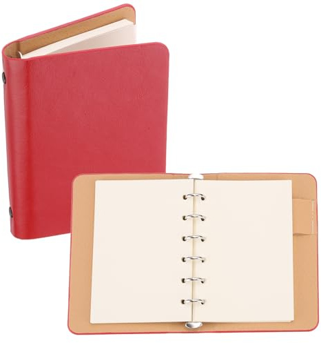 PATIKIL 6 ringpärmskydd, A7 läder anteckningsblock pärm mini påfyllningsbar lös blad personlig planerare med 50 ark papper, röd