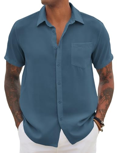 COOFANDY Camisas con Botones para Hombre Slim Camisa de Manga Corta Corta con Bolsillo Color Sólido Shirts Casual Gris Azul M