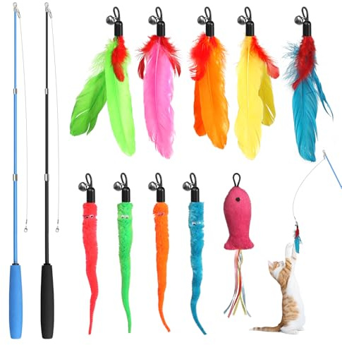 AOROPS Jouet à Plumes pour Chats, 12 Pièces Jouets interactifs pour Chats, 2 Rétractable Canne a Peche Jouet avec 10 Plumes de Remplacement Recharges pour Chat et Chatons