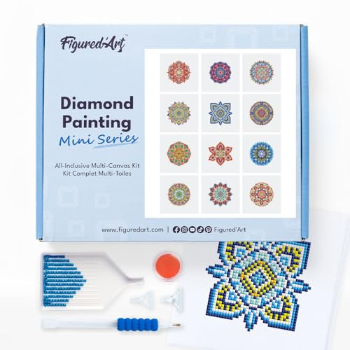 Figured'Art Mini Set Diamond Painting - Mandala - Scatola Premium 12 tele da 15x15cm, Diamonds Quadrati Art 5D - Hobby Attività Creativa per Adulti