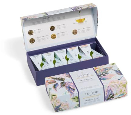 Tea Forte Premium Petite Presentation Box Gift Set Sampler, 10 Count, 2 of Each Blend Individually Wrapped Handcrafted Pyramid Infuser Bags, Gifts for Mom, Demoiselle Tea