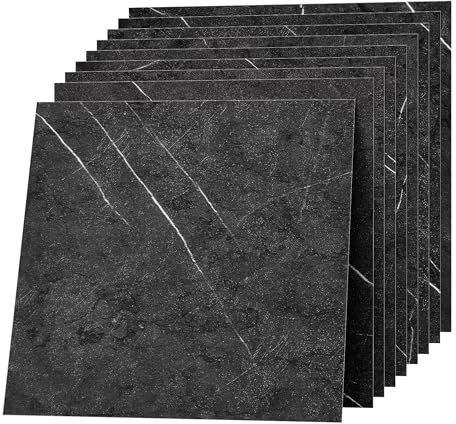 Lot de 20 revêtements de sol en PVC autocollant - Design marbré - Aspect carrelage en vinyle - Imperméable et durable - Pour salon, cuisine, salle de bain, balcon - Noir et gris - 20 carreaux - 1,8 m²