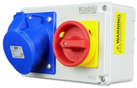 RoadEu - CEE Wandsteckdose 32A 3P 230V mit Hauptschalter 0-1 – Stromverteiler mit Verriegelung – IP44 wetterfest – für Werkstatt, Garten, Garage