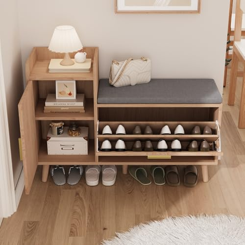 belupai Vintage skobänk med vadderad sits, skoskåp trä med 1 klaff och 1 dörr, skoskåp, skoarrangör för entré, hall, träfärg, 100 x 30 x 70 cm