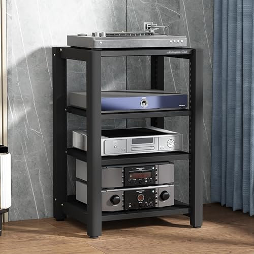 Gabinete de almacenamiento de medios ajustable de 4 niveles, moderno soporte AV para componentes de entretenimiento, elegante estante de pie, solución de almacenamiento versátil para cine en casa