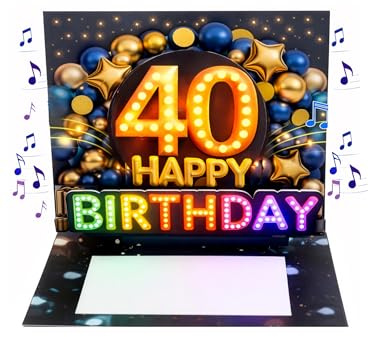 Joli Coon Biglietto auguri 40 anni uomo – Biglietto auguri compleanno 40 anni con musica e luce pop up 3D con effetto luminoso, busta e adesivo sigillo – 20 × 15 cm