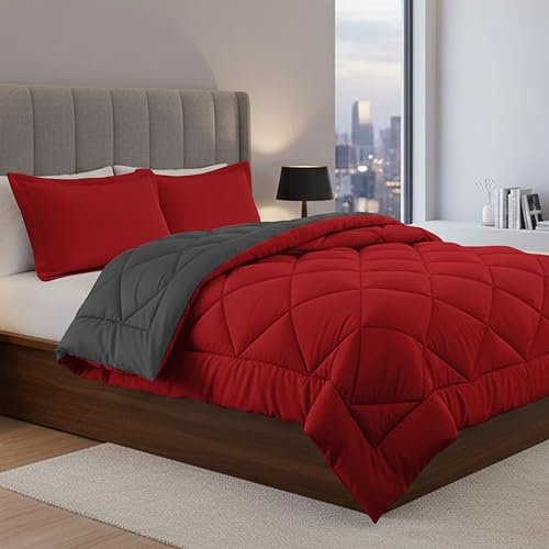 Elegant Comfort Elegance Linen Super Soft Goose Down 3-Piece Reversible All Season Alternative Comforter Set, Full, Red/Gray