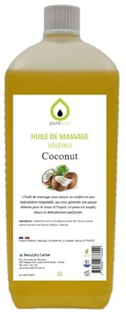 Purespa Duftendes pflanzliches Massageöl – 100% entspannende und exotische natürliche Massage (Kokosnuss, 1 Liter)