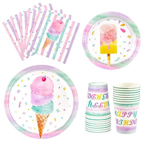WERNNSAI Crème Glacée Assiettes Serviettes et Coupes - 64 PCS Crème Glacée Thème Articles de Fête pour Les Filles Anniversaire Vaisselle Dessert Assiettes Déjeuner 16 Personnes