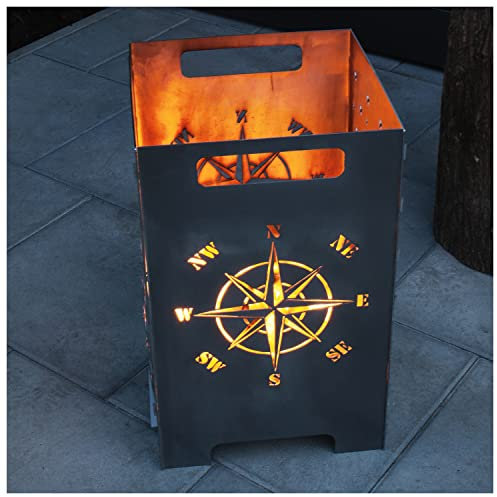 teileplus24 FT01 Feuertonne Feuerschale Feuerkorb Groß Eckig Steckbar Leichte Reinigung, Design:Kompass 50cm