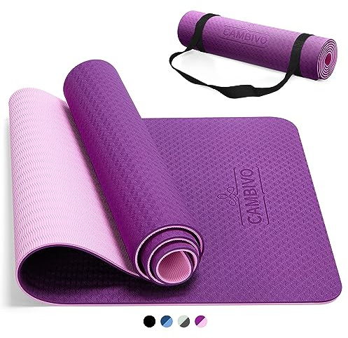 CAMBIVO Non-Slip TPE Yoga Mat for Home Gym & Pilates – 6mm/8mm Cushioning for Joint Support – Double-Sided Grip Exercise Mat for Stretching, Meditation & Fitness (Carry Strap Included)