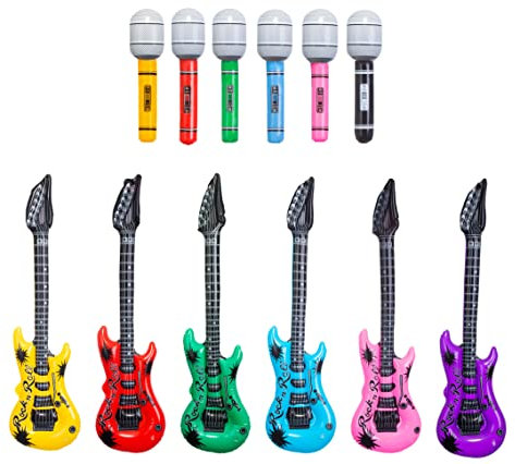Brandsseller Party Zubehör Set 12-teilig | Sechs Aufblasbare Gitarren und Sechs Mikrofone | Luftgitarren | Rockstar | Alle Farben | Party | Geburtstag | Zubehör