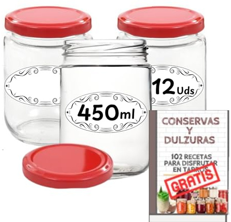 12 Tarros de Cristal de 450 ml con Tapas a Cuadros + 12 Tapas Rojas Extra + Ebook 102 Recetas para Conservas - Frascos Herméticos para todo tipo de Alimentos – Incluye Etiquetas