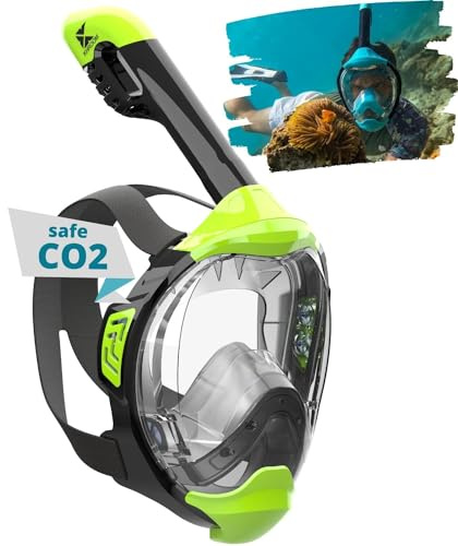 Khroom Full Face Snorkel Mask Adults and Kids 3 + | Certified CO2 Safe | Alternative to Snorkel Set | Snorkelling Equipment - Seaview Y (L/XL Neon Green)