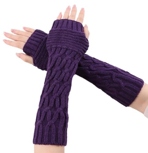 Lcaiualu Winter Women Arm Warmers Long Fingerless Gloves for Women Mittens Knit Wrist Warmers with Thumb Hole Warm Sleeves (Purple)