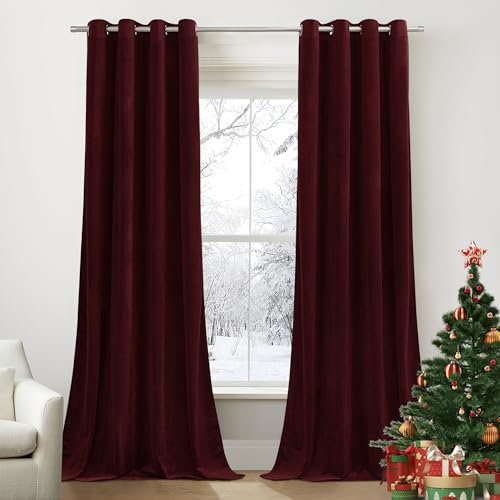 PONY DANCE Rideaux Salon - Rideaux Velours Rouge Noel Decoration Noël Maison Elégante Pilou Opaque Anti Froid pour Maison/Salon/Hotel/Bureau, L 132 x H 260cm, Rouge, 2 Pièces