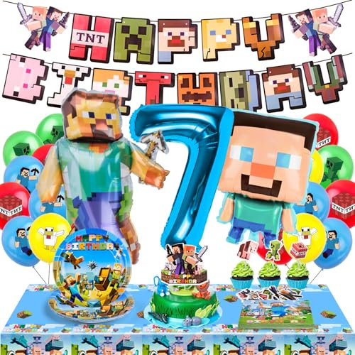 WuGU Decoración Cumpleaños 7 Años, 65 Piezas Set con Globos, Pancarta, Mantel, Platos, Servilletas para Fiesta