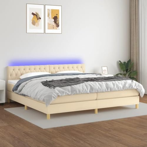 Willood Boxspringbett mit Matratze mit LED Bettgestell Bett Einzelbett Polsterbett Hotelbett Bettrahmen Lattenrost Schlafzimmerbett Creme 200x200cm Stoff Knopfheftung Design