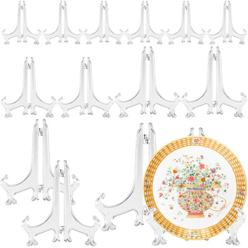 Celepoir 14 Pcs Folding Plate Stand, 3-7 Inch Clear Plastic Plate Holder, Multi-Purpose Plate Stand for Display, Plastic Display Stands for Displaying Collectible Plates, Pictures, DVDs, Trading Card