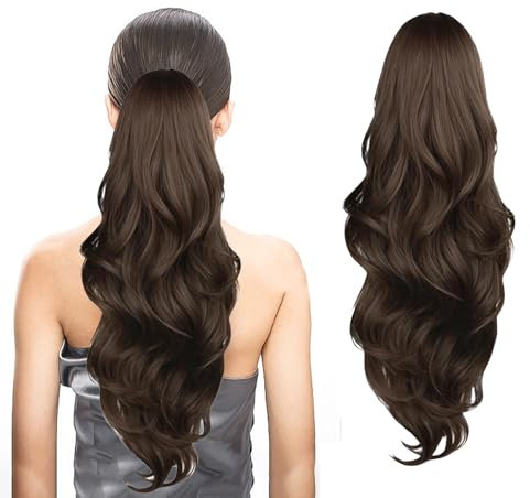 Thoquene 66cm Ponytail Extension Echthaar, Lang Gewickelt Extensions Zopf, Kordelzug Pferdeschwanz Haarteil(Dark Braun)